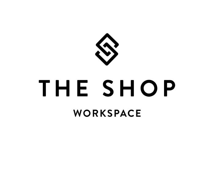 Black geometric symbol above "THE SHOP" and "WORKSPACE" text logo.