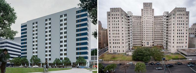Tulane’s new Thirteen15 residential development (left) and the Charity Hospital building (right)