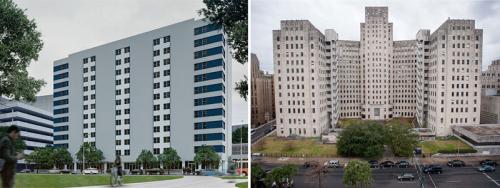Tulane’s new Thirteen15 residential development (left) and the Charity Hospital building (right)