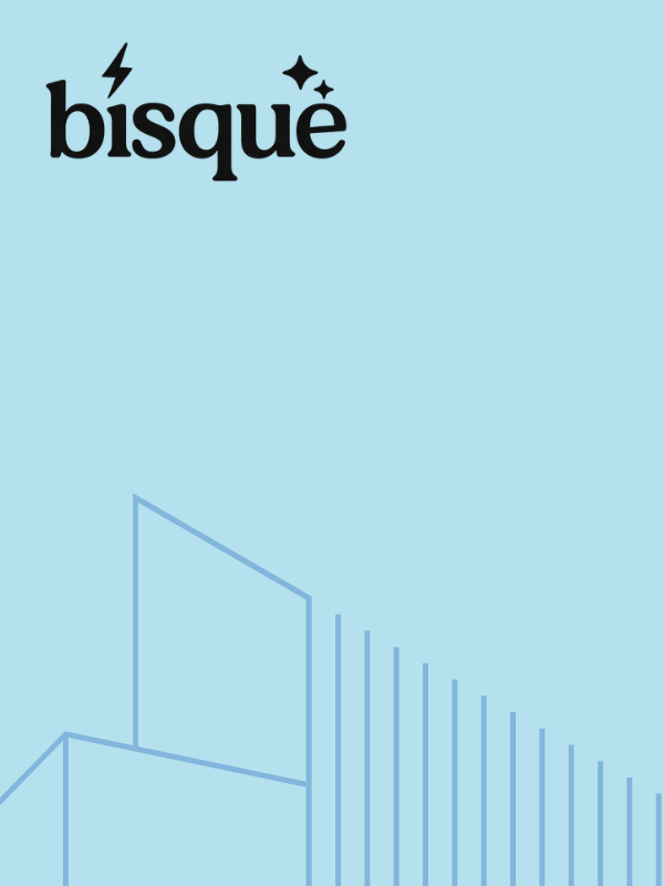 Bisqué logo with lightning bolt and star; light blue background with geometric graphics.